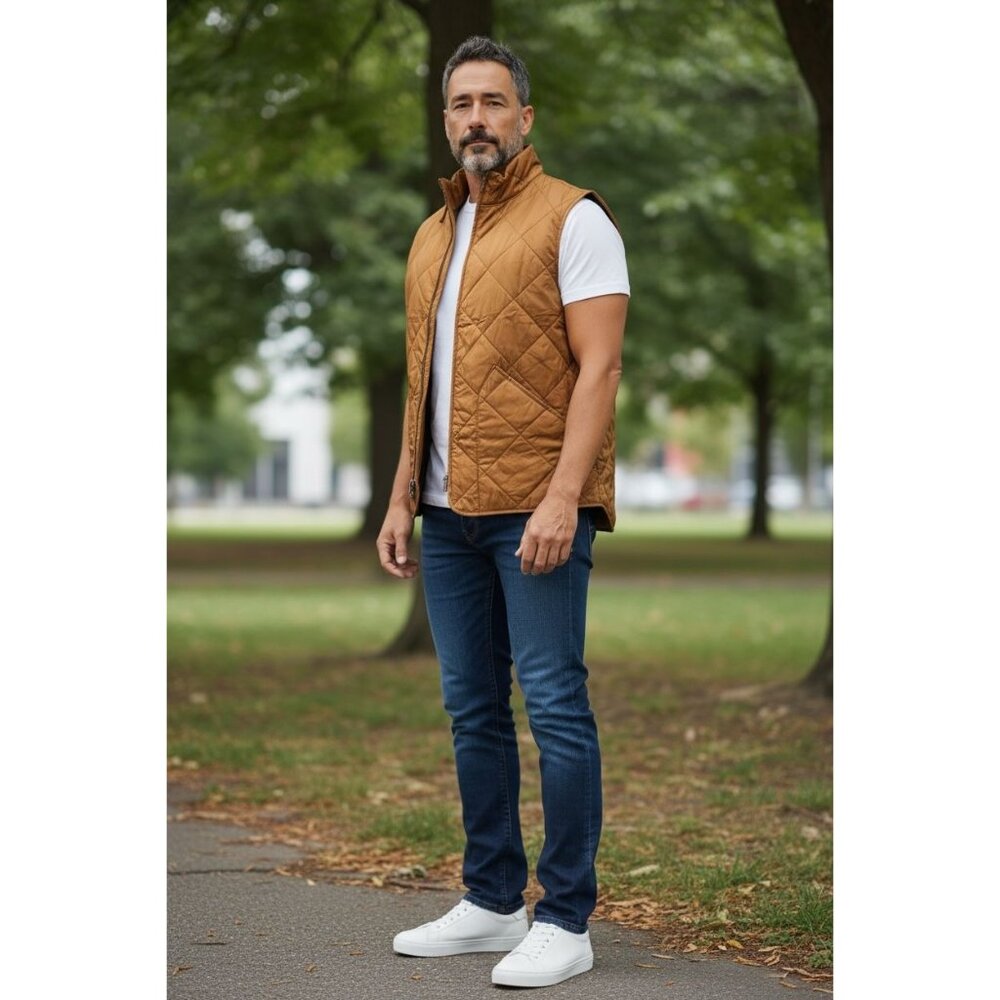 NEW J. CREW Quilted Lightweight Vest Mens L Brown Green Pockets Full Zip Outdoor
